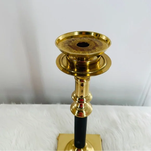 Elegant Large Lacquered Brass & Black Metal Candle Holder